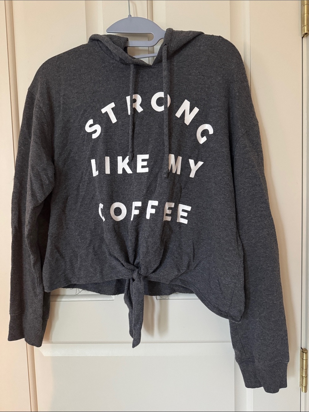 Charcoal Gray Tie-Front Hoodie Sweater - Strong Like My Coffee